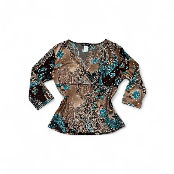 VTG Paisley floral sequin rhinestone 90s y2k boho v neck 3/4 sleeve top M - Picture 1 of 6